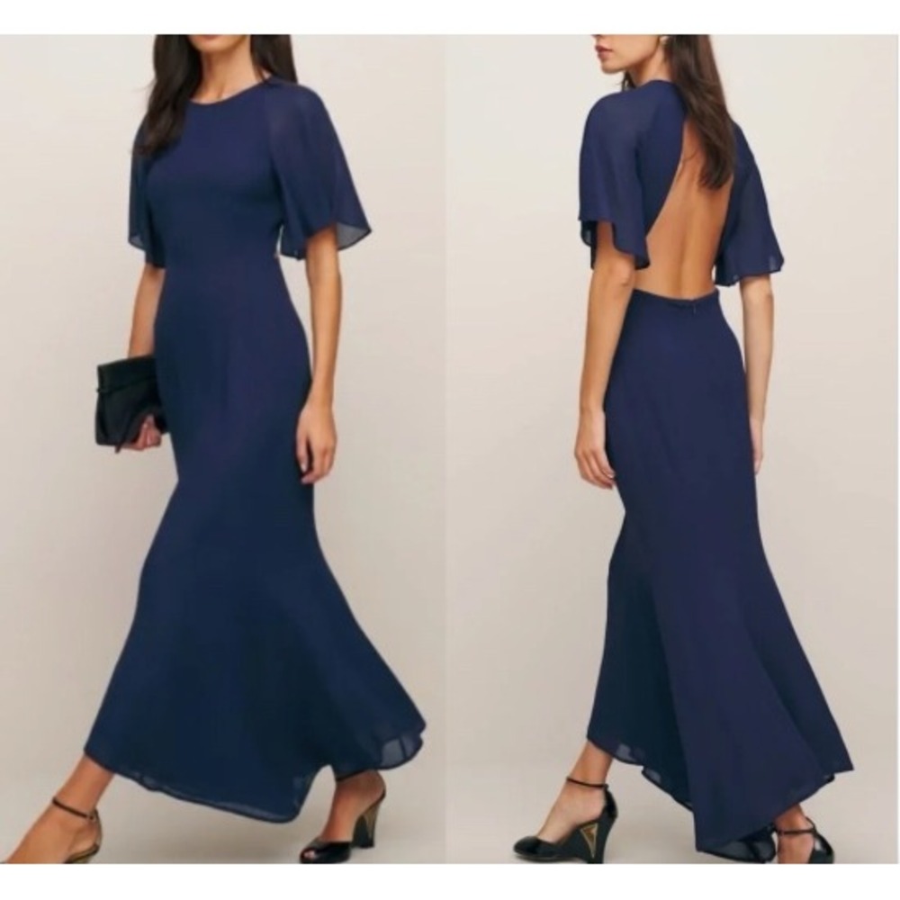 Reformation Carletta Dress Maxi Size 8 Open Back Flutter Sleeve Chiffon